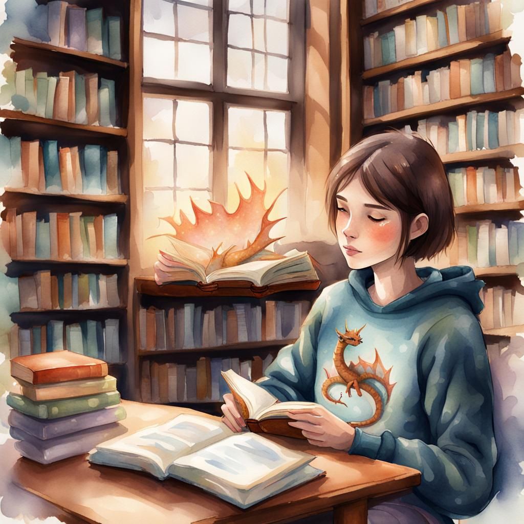 Girl Reading Book in Library, Watercolor Concept Art