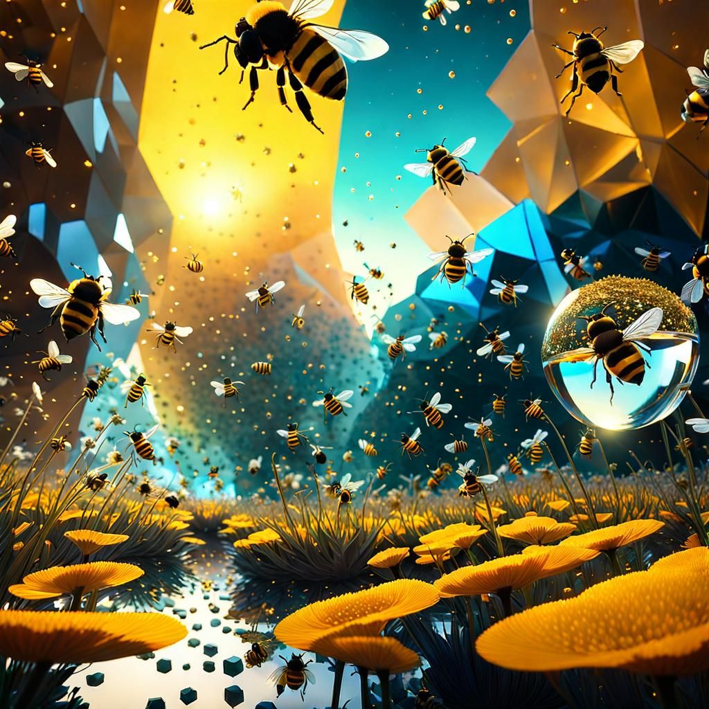 Crystal Bees in Glass Sphere: Impressionist Biodiversity