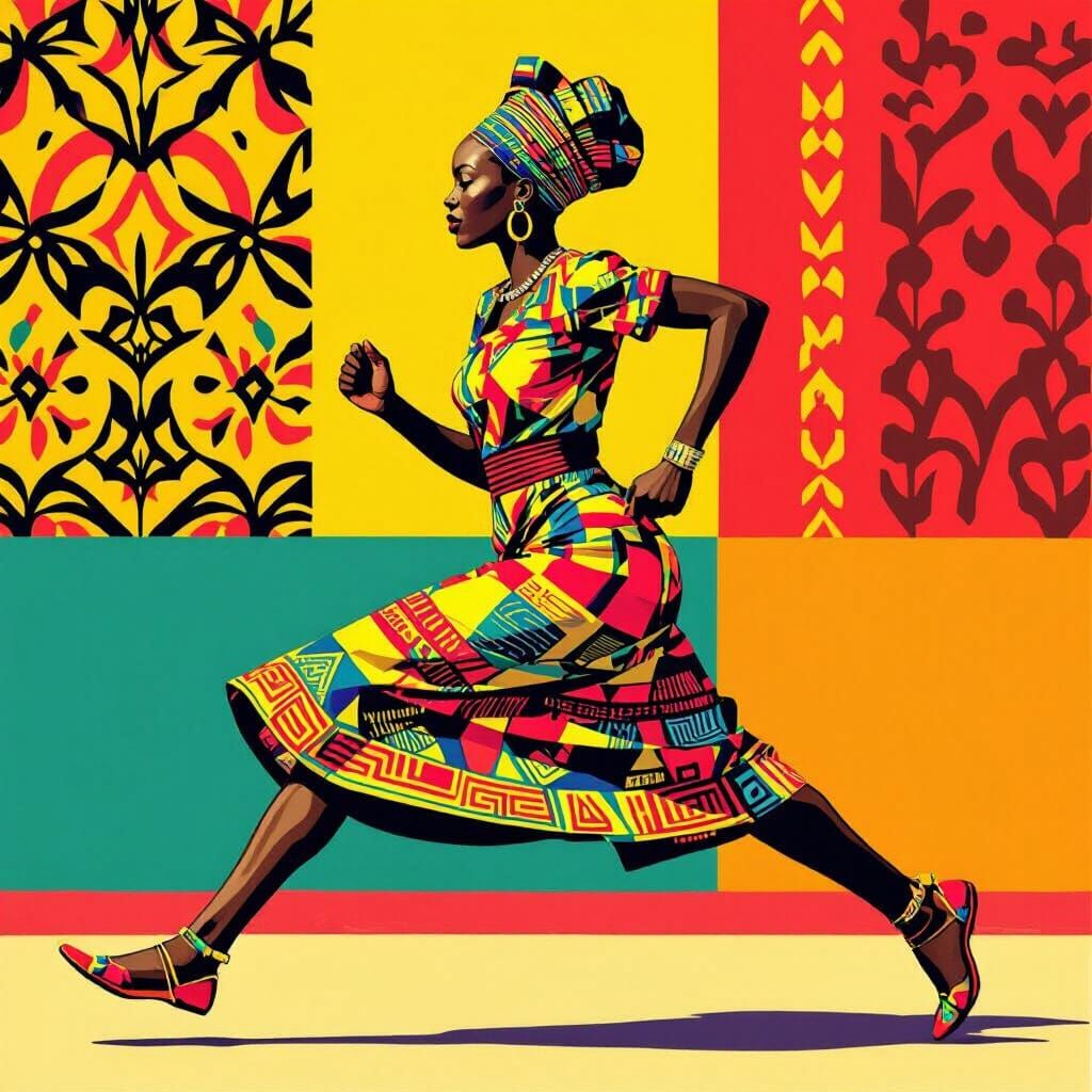 Nigerian Woman Sprinting in Folk Art Style