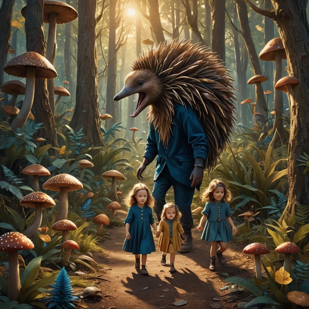 Echidna and Kindergartners in Whimsical Forest