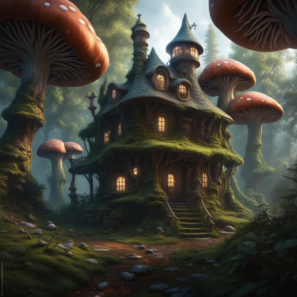 Mushroom House in Deep Forest: Detailed Matte Painting