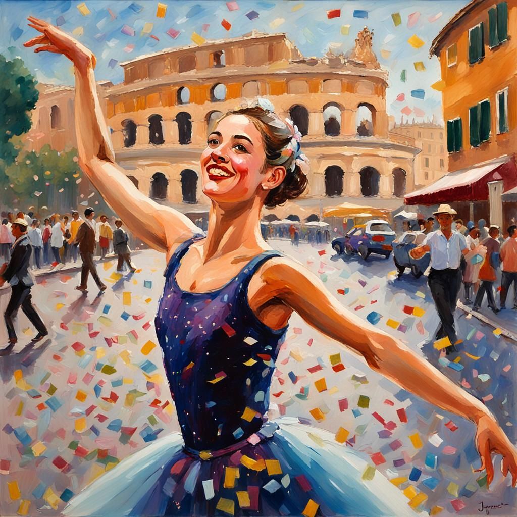 Ballerina Dances in Rome: Impressionist Gouache Style