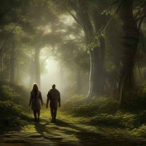 People Walking in Detailed Fantasy Forest Art