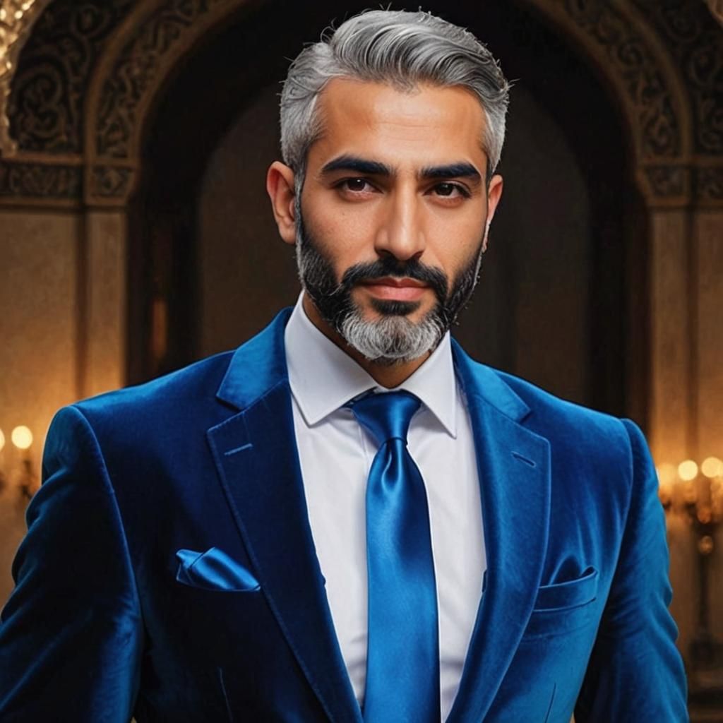 Elegant Man in Blue Velvet Suit, Impressionist Style