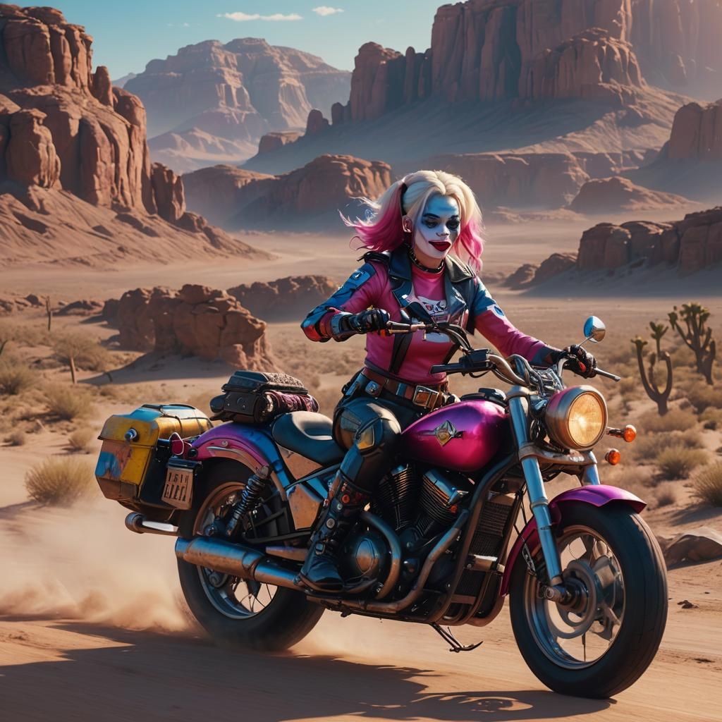 Harley Quinn Rides in a Desert Landscape