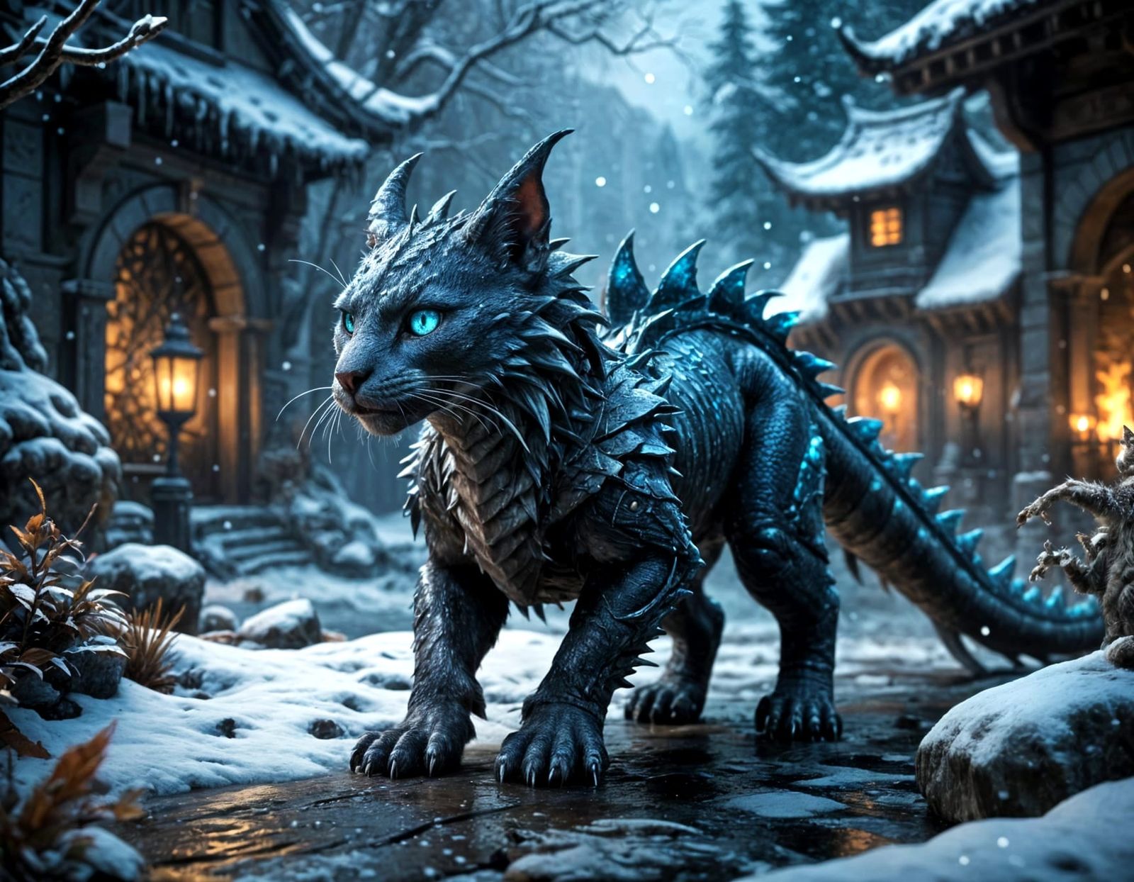 Cat-Dragon Hybrid Gazing at Snowflake in Winter Wonderland