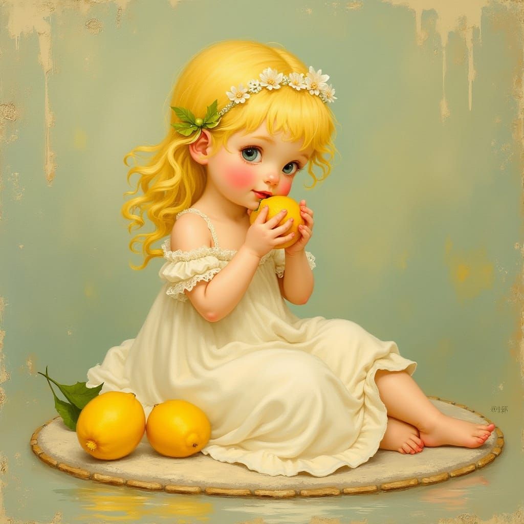 Girl Tasting Lemon, Impressionistic Oil Painting