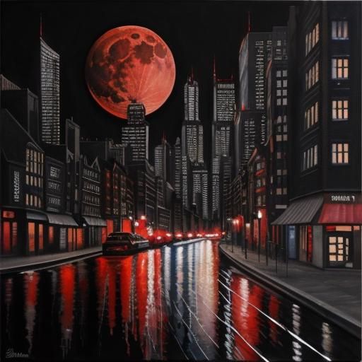 Cityscape at Night with Blood Moon, Watercolor Style