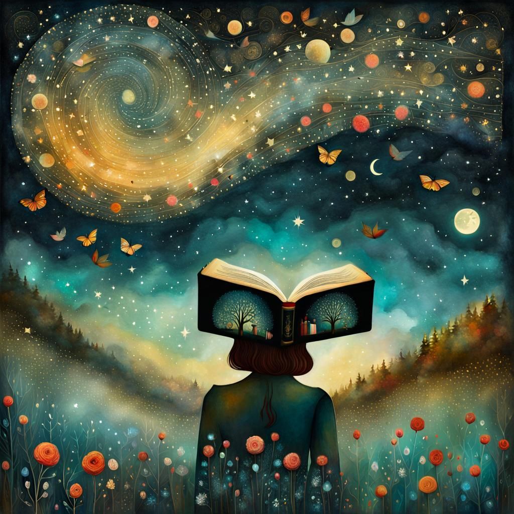 Whimsical Reading Collage with Nebula Sky