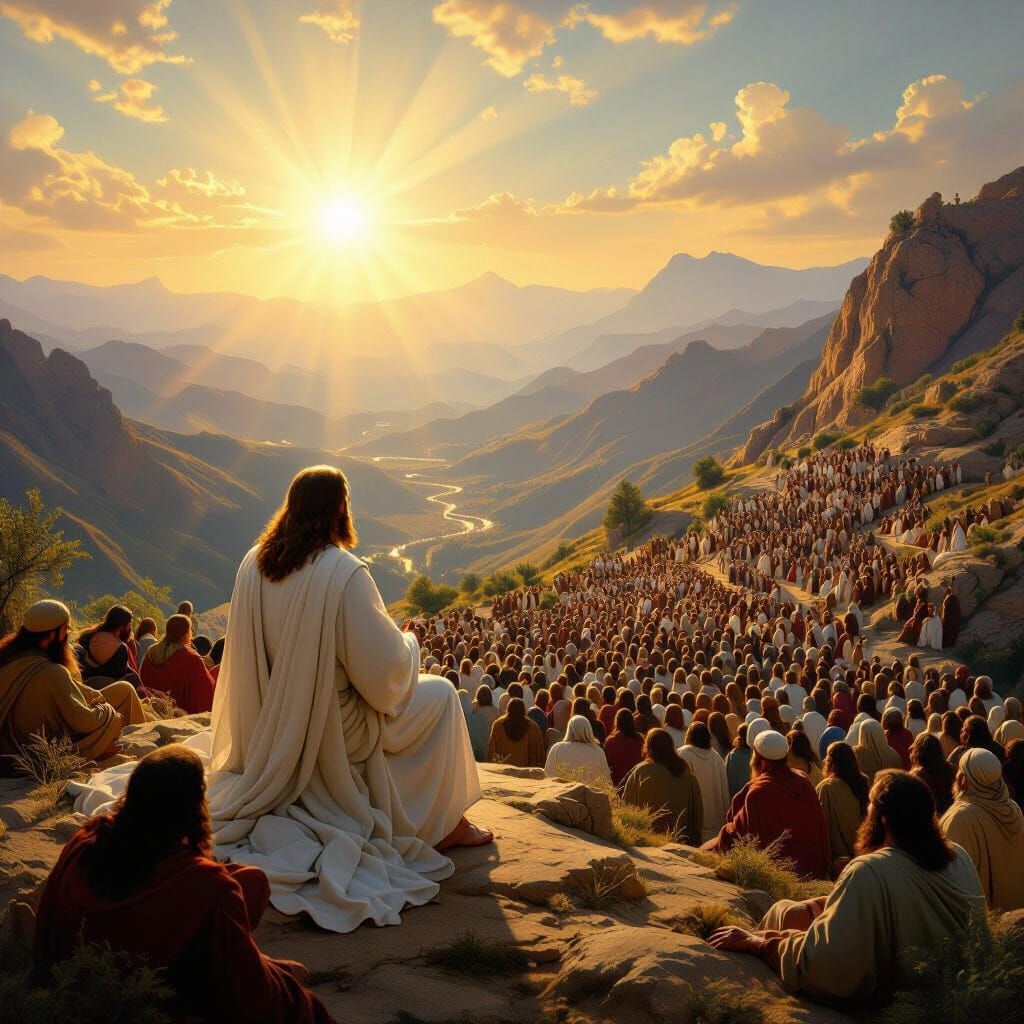 Divine Sermon on Mountaintop with Golden Light