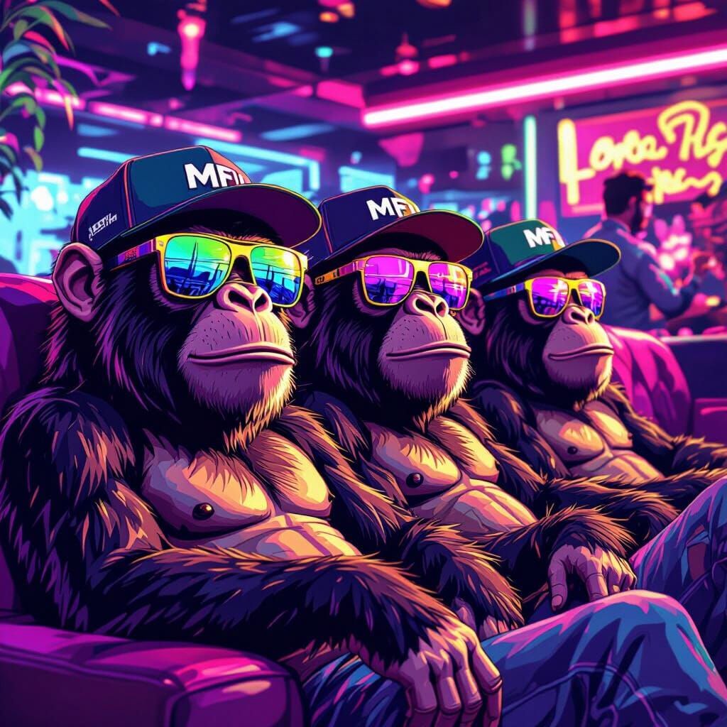 Golden Apes Lounging in Neon Club as Digital Art