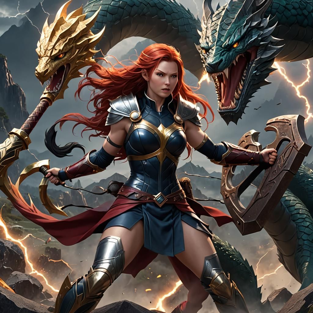 Lady Thor Battles Serpent in Anime Style
