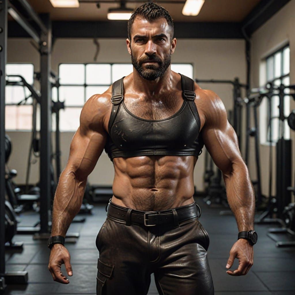 Muscular Brazilian Man Reveals Hairy Chest in Leather Harnes...