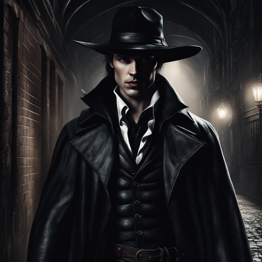 Photorealistic Portrait of a Vampire Hunter in Alley