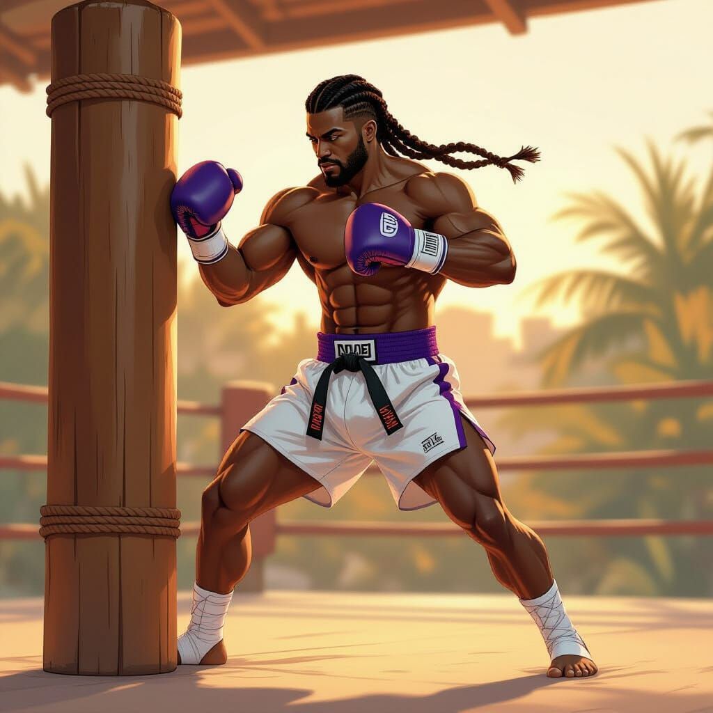 Muay Thai Fighter Training with Wooden Dummy in Sunlight