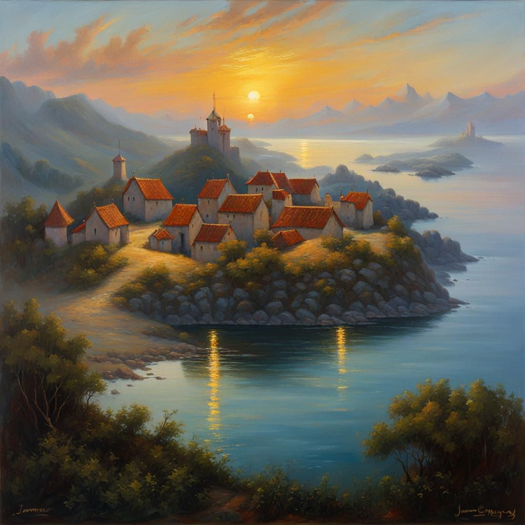 Foggy Sunset over Medieval Island Village