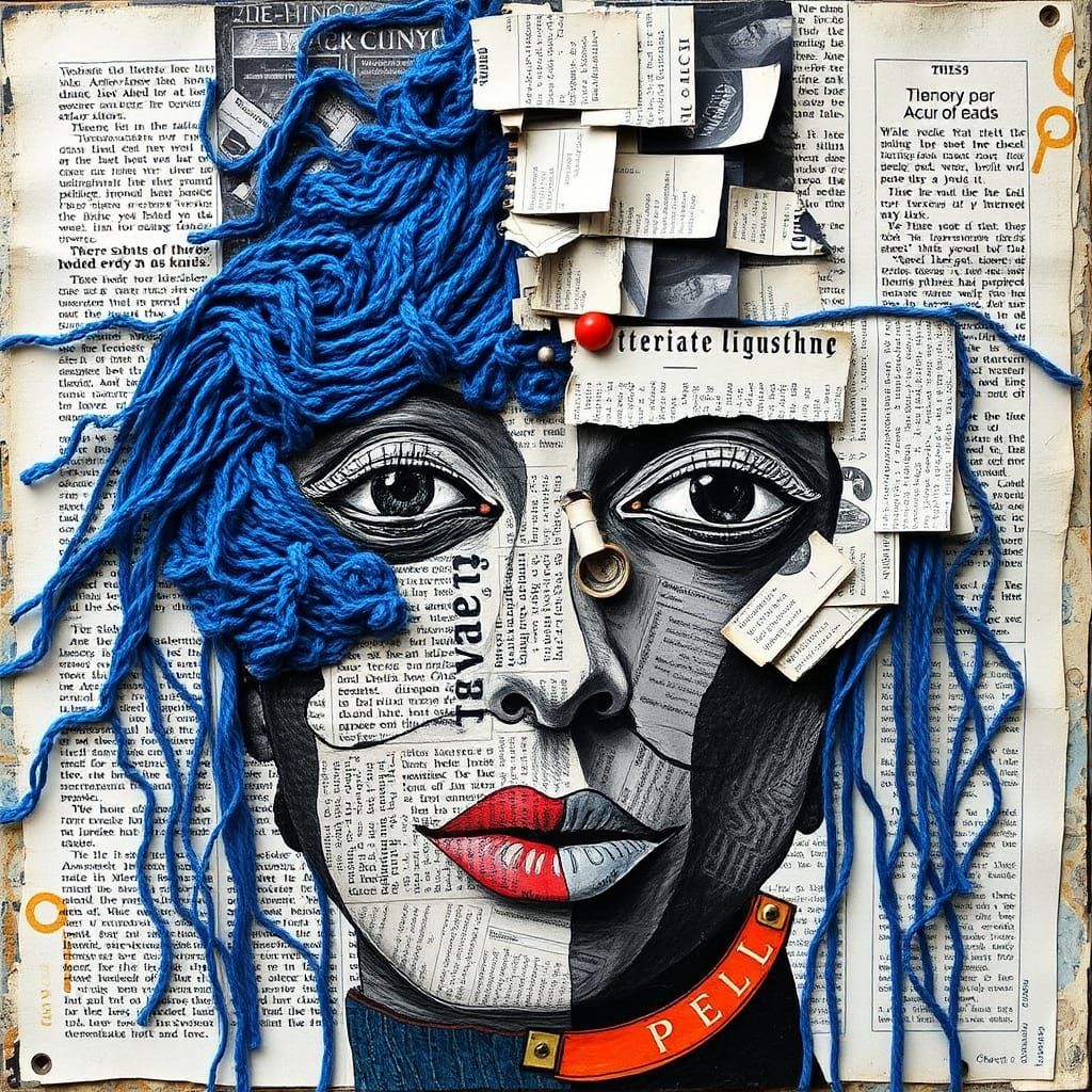 Abstract Portrait in Layered Mixed Media with Textile Elemen...