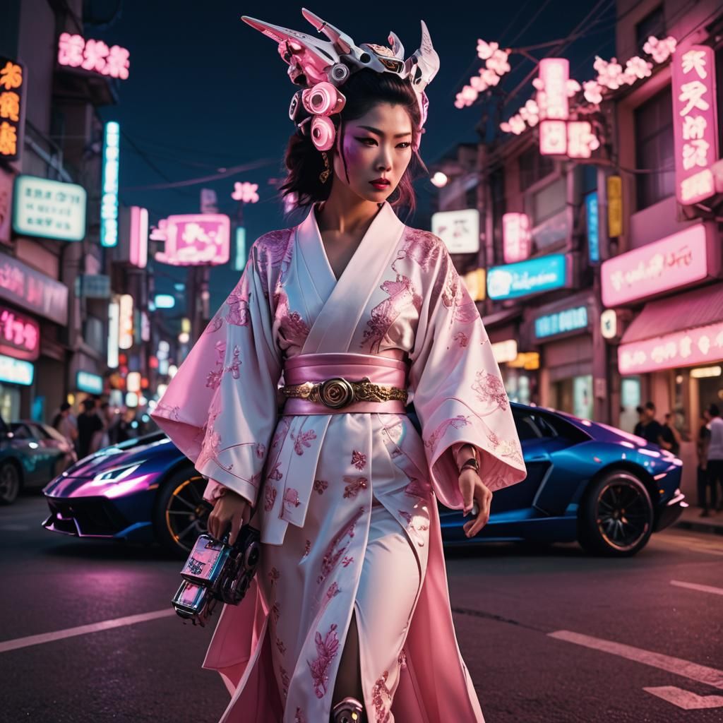 Cyborg geisha in white robotic kimono getting out of pink La...