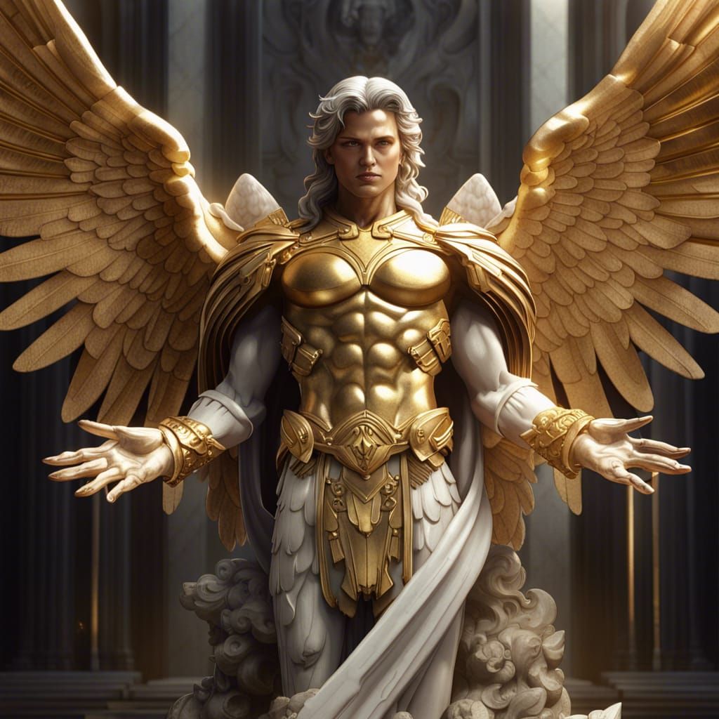 Marble Archangel Statue with Golden Details