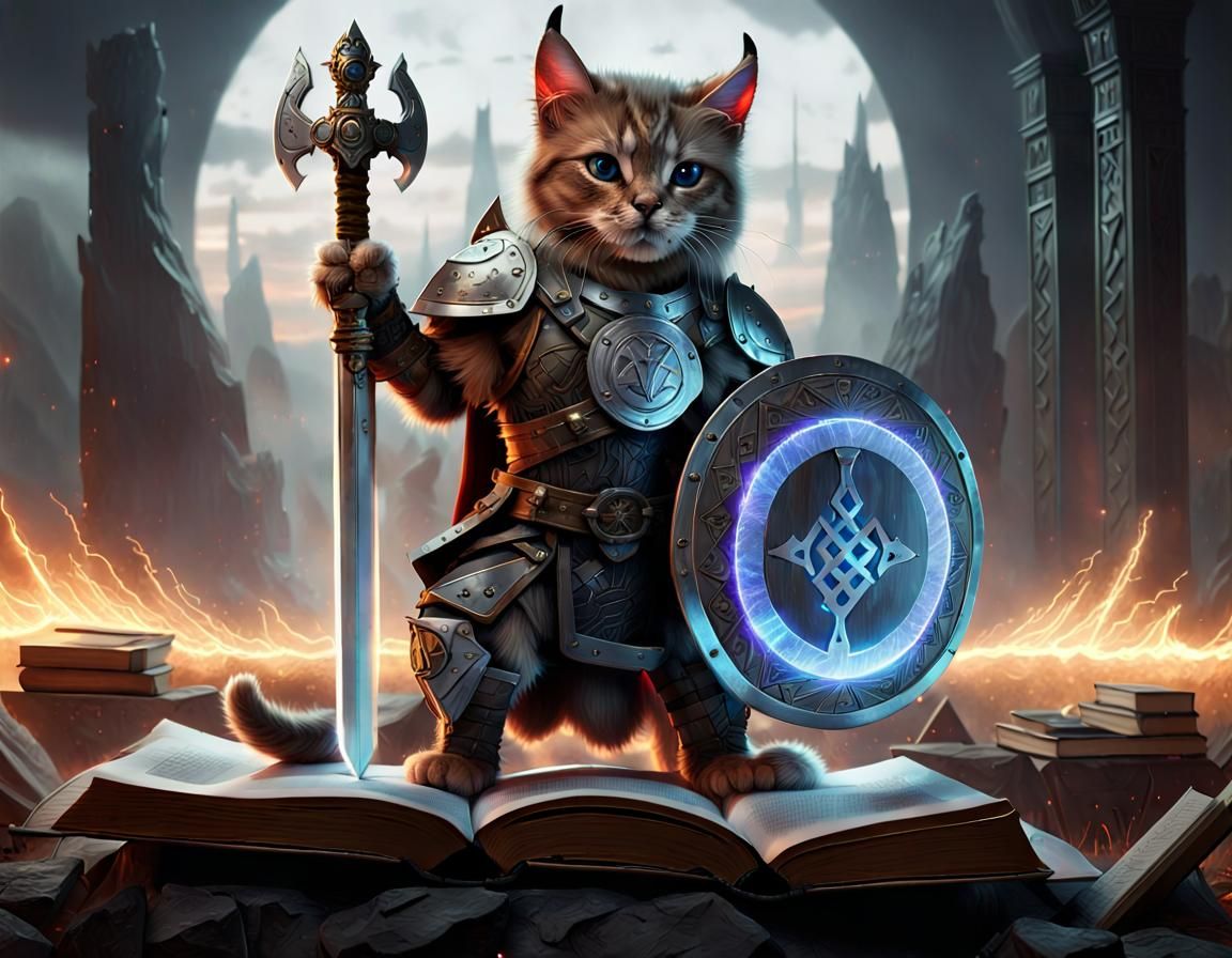 Futuristic Viking Cat Hero on Battlefield, Digital Art
