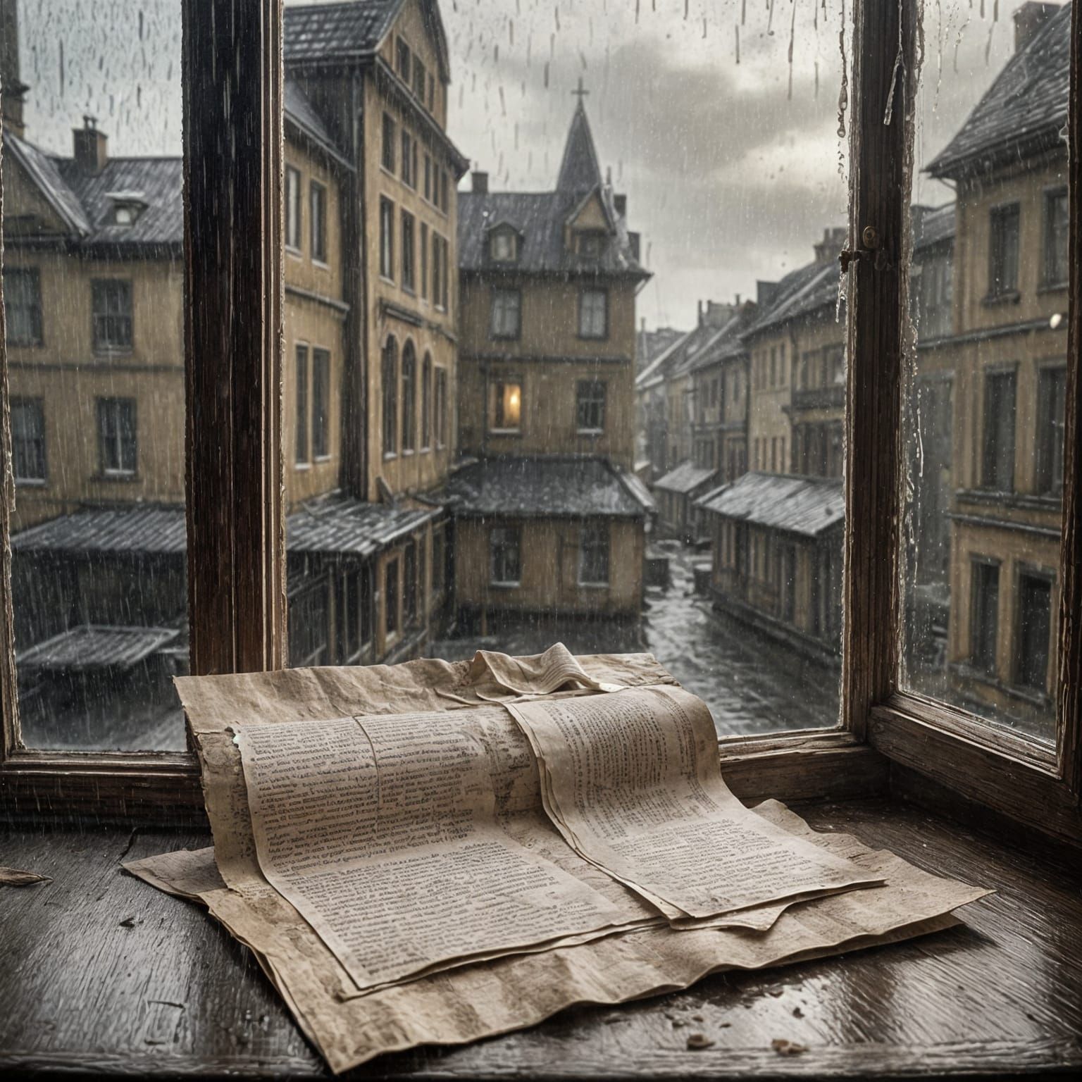 Melancholy Love Letter on Rainy Windowsill: Matte Painting