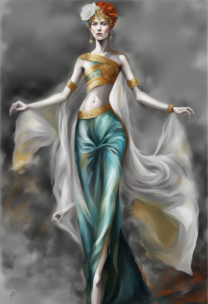 Neon Lit Model in Silk Gown: Digital Painting