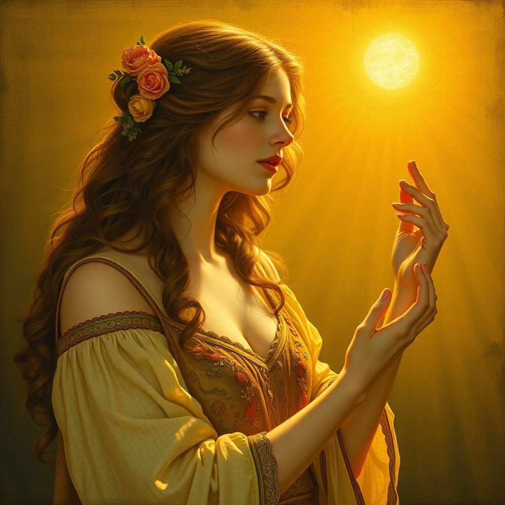 Pre-Raphaelite Woman Holding Golden Sunbeam