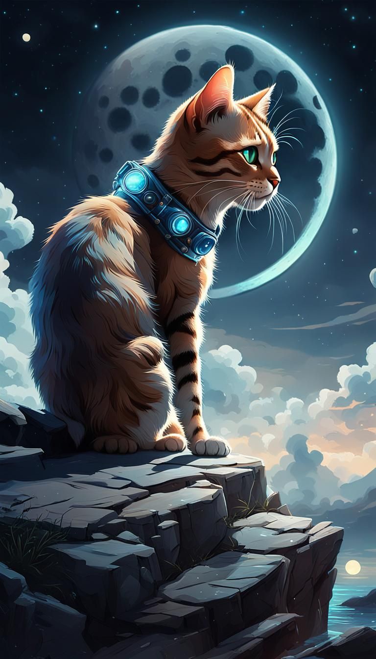 Cat Playing Lute Under Moon in Digital Art Style