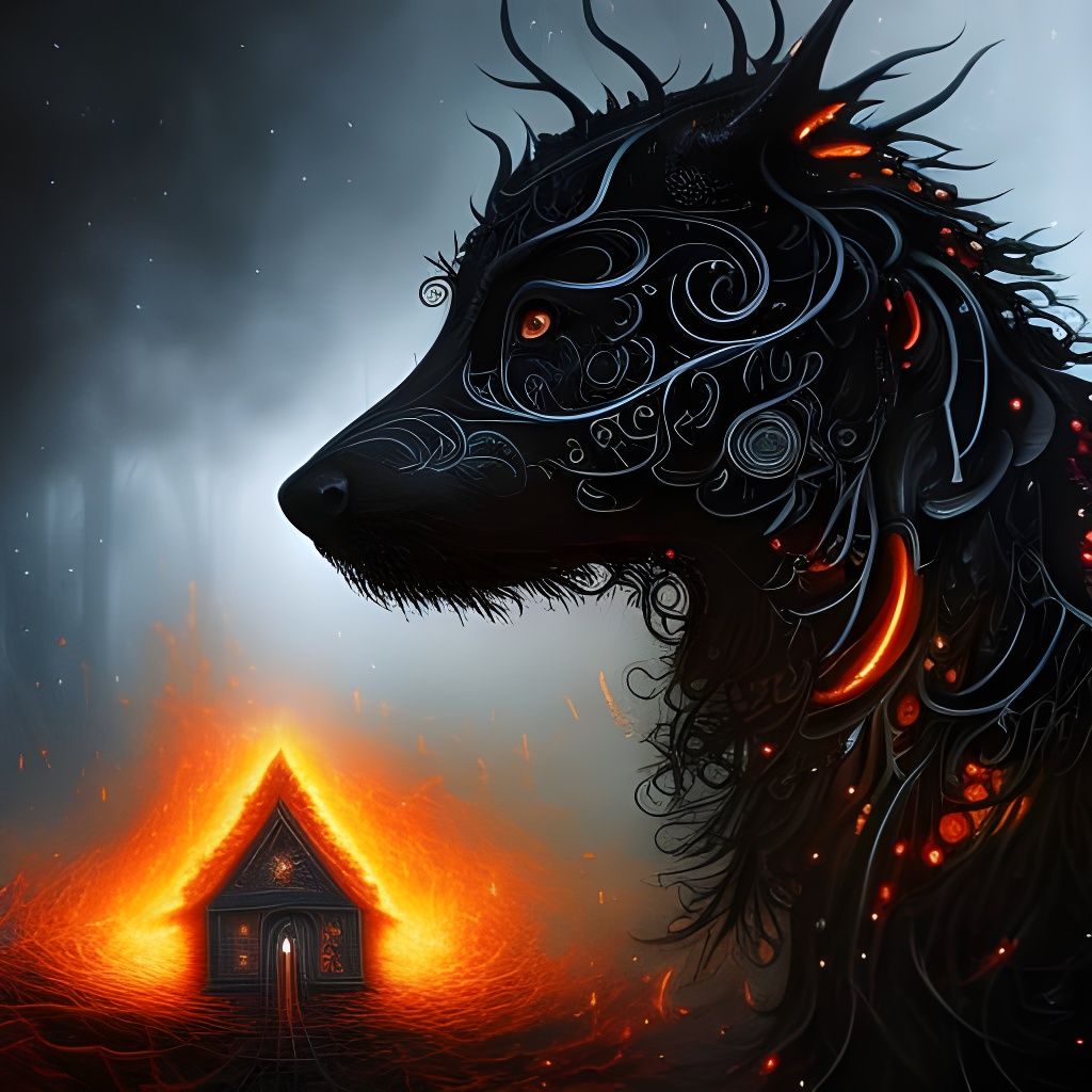 Hyperdetailed Mythical Black Dog with Firelight