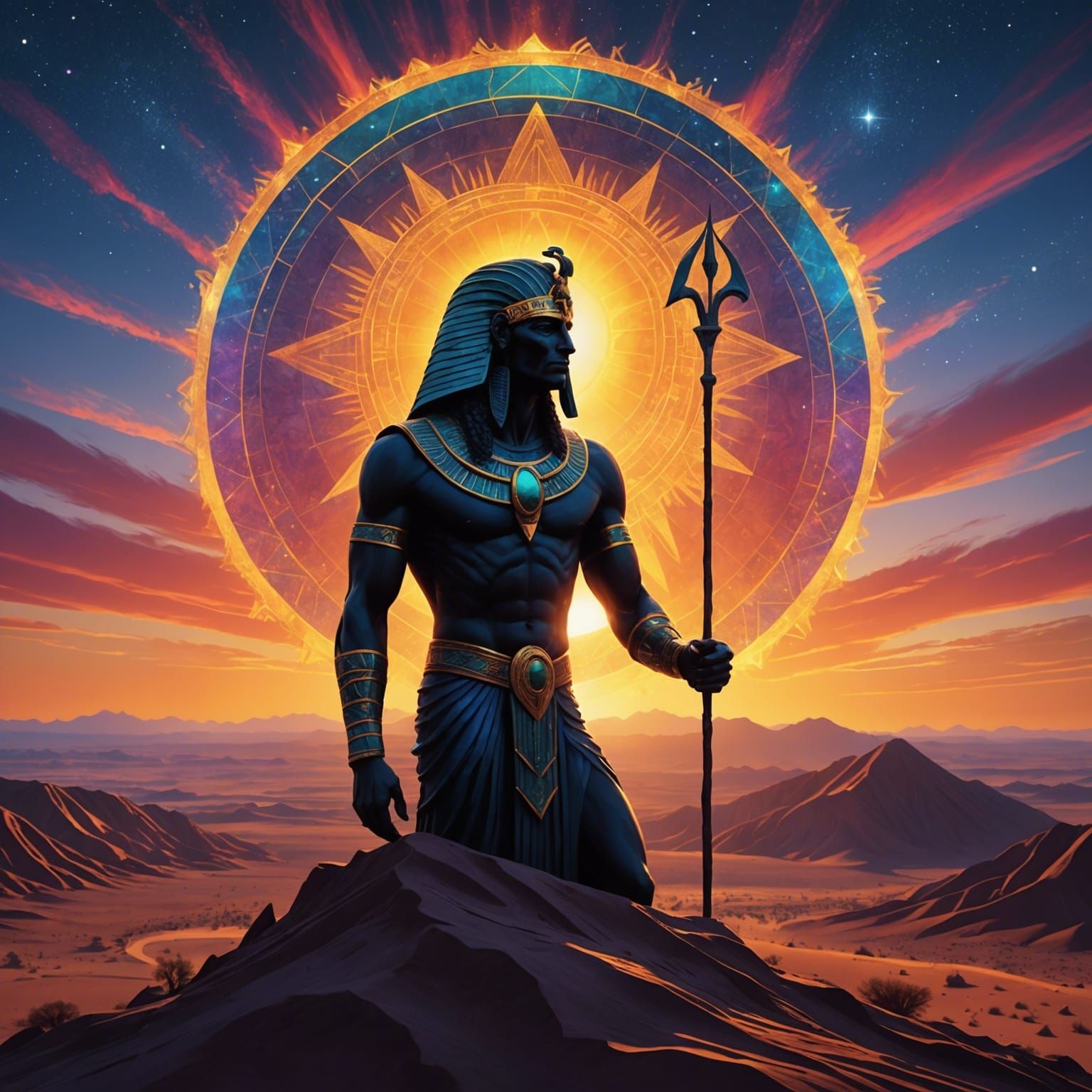 Sumerian God Thoth Sunset Silhouette, Cosmic Art