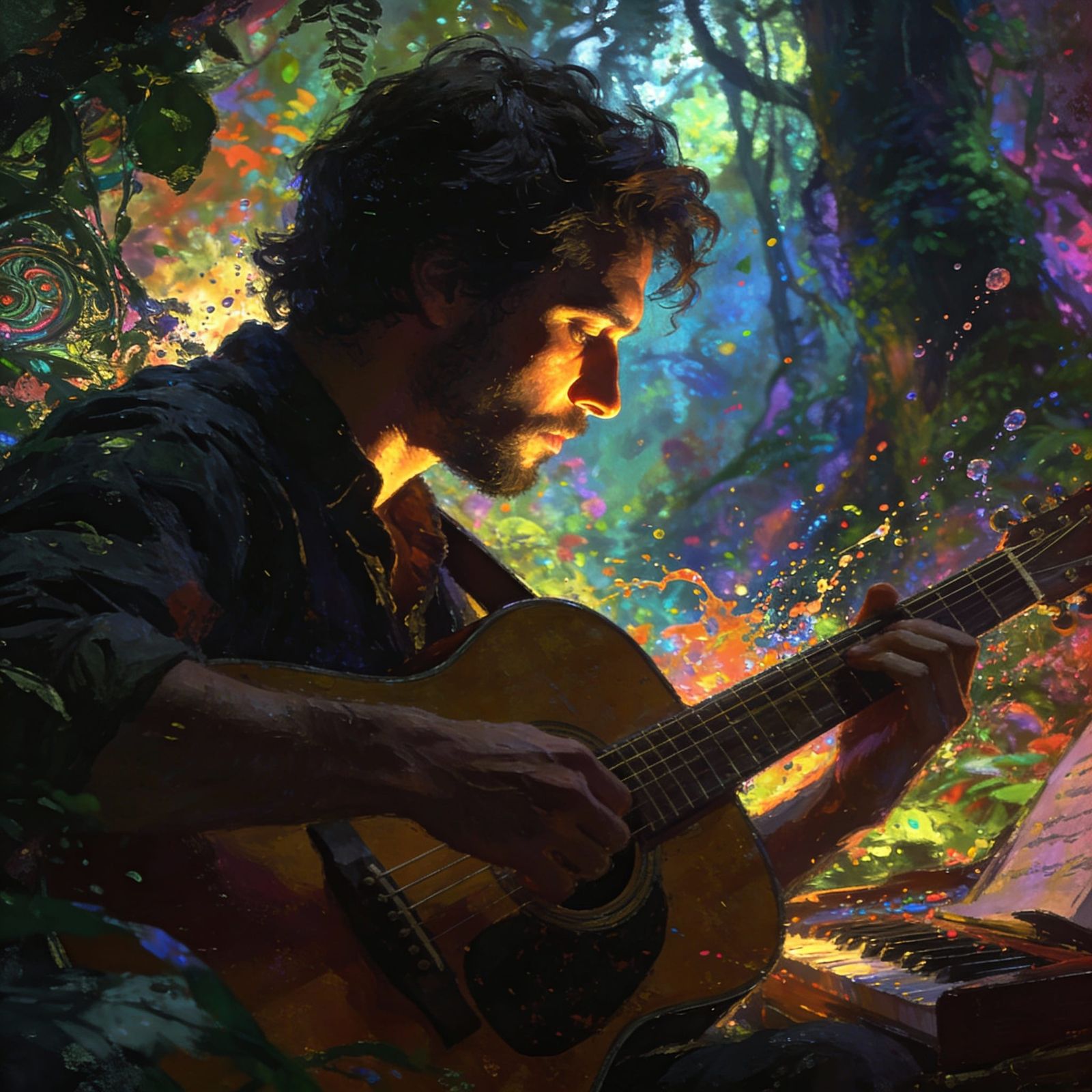 Musician Creates Music in Lush Forest, Hyperrealistic Splash...