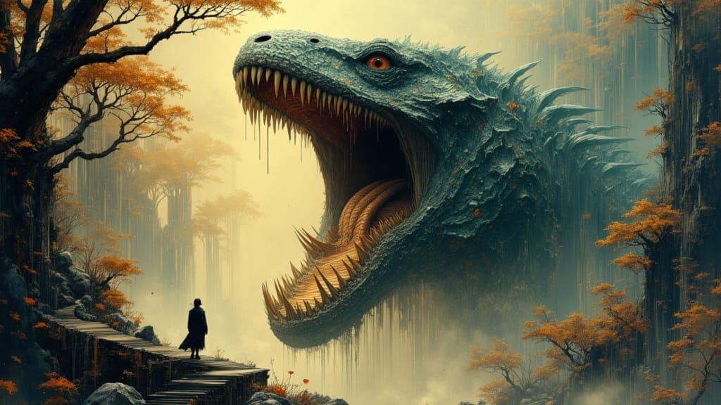 Colossal Maw Devours Village in Dynamic Fantasy Art