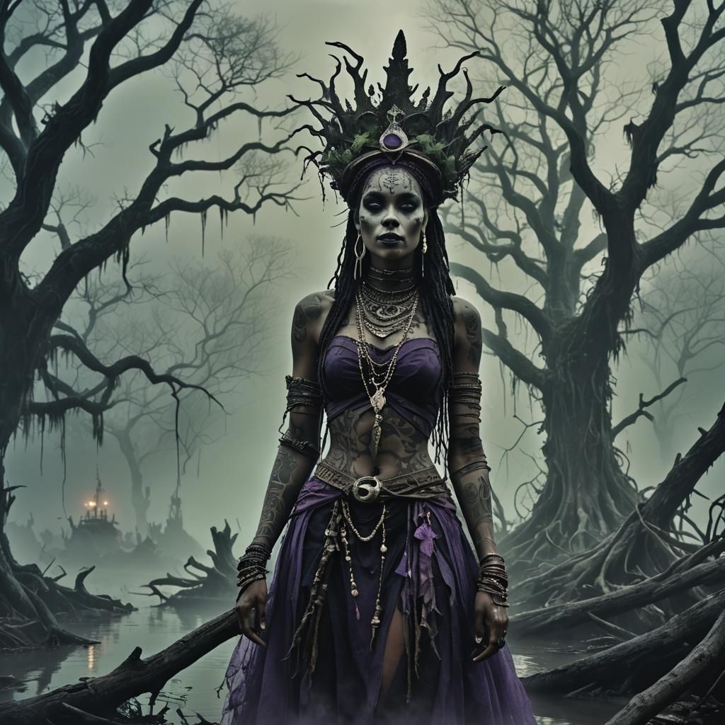 Ethereal Voodoo Woman in Misty Bayou: Dark Fantasy Art