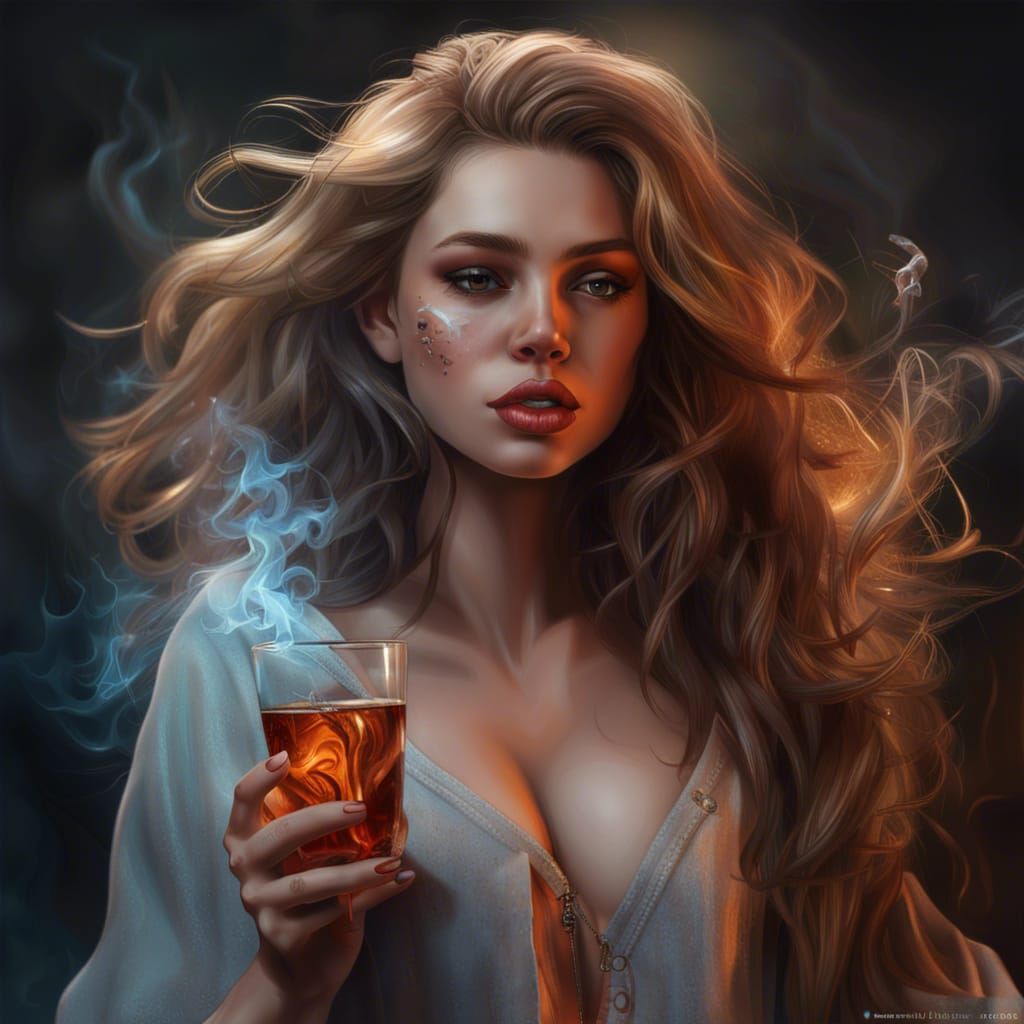 Hyperrealistic Angelic Woman Smoking and Drinking