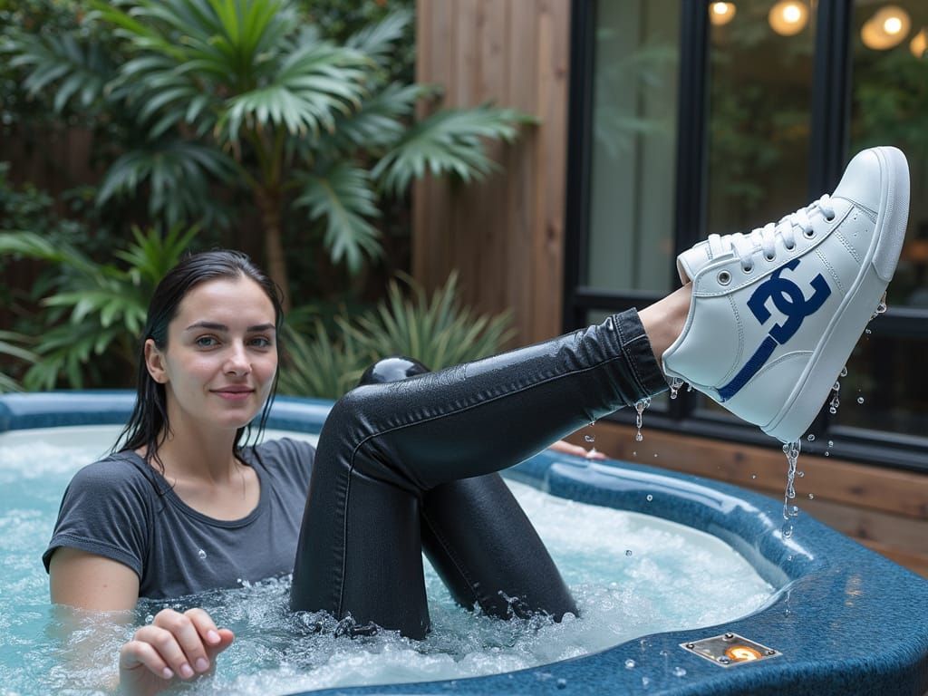 Ethereal Woman in Jacuzzi, Surrounded by Lush Greenery