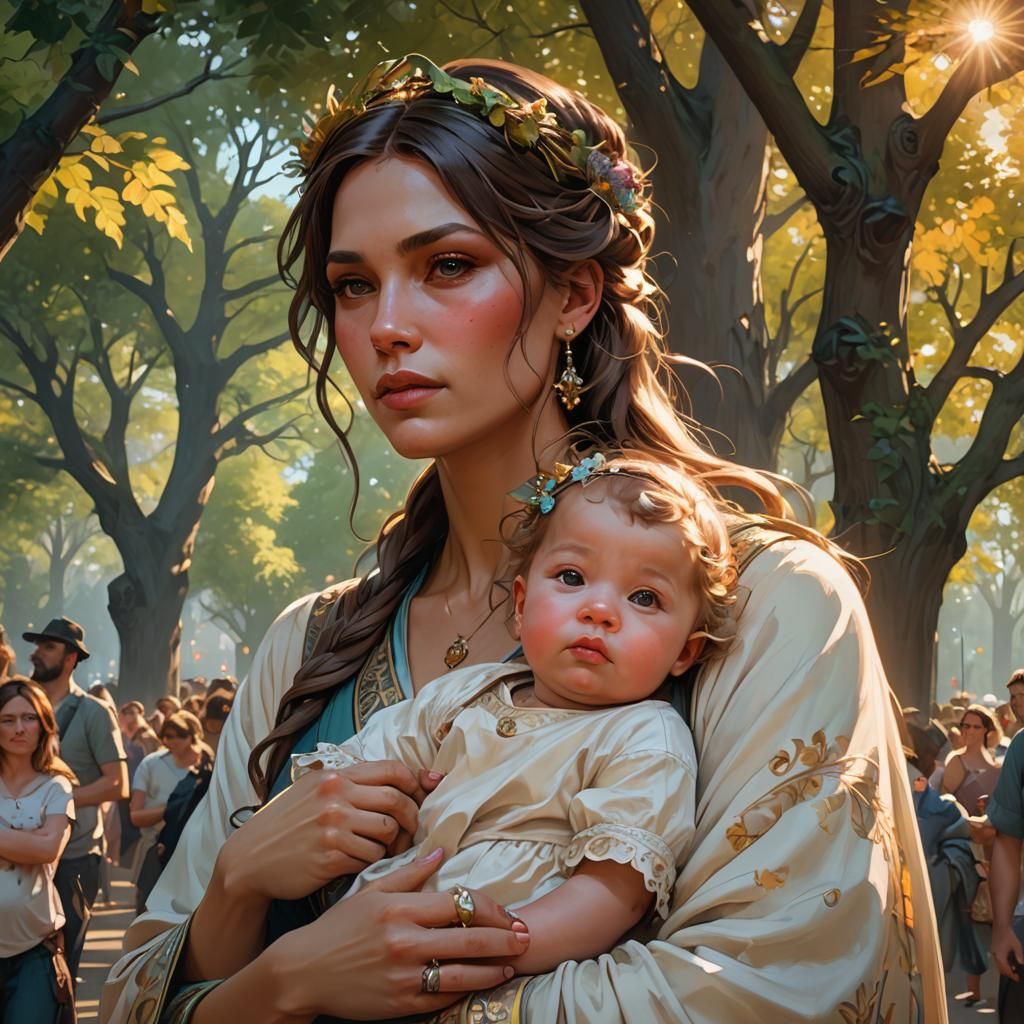 Mother and Child Bond in Sunny Park, Splash Art