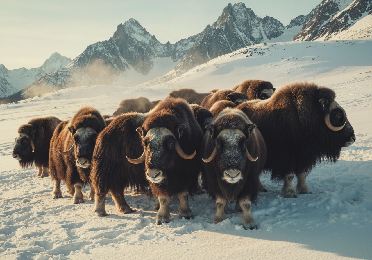 Musk Ox Herd in Icy Arctic Landscape