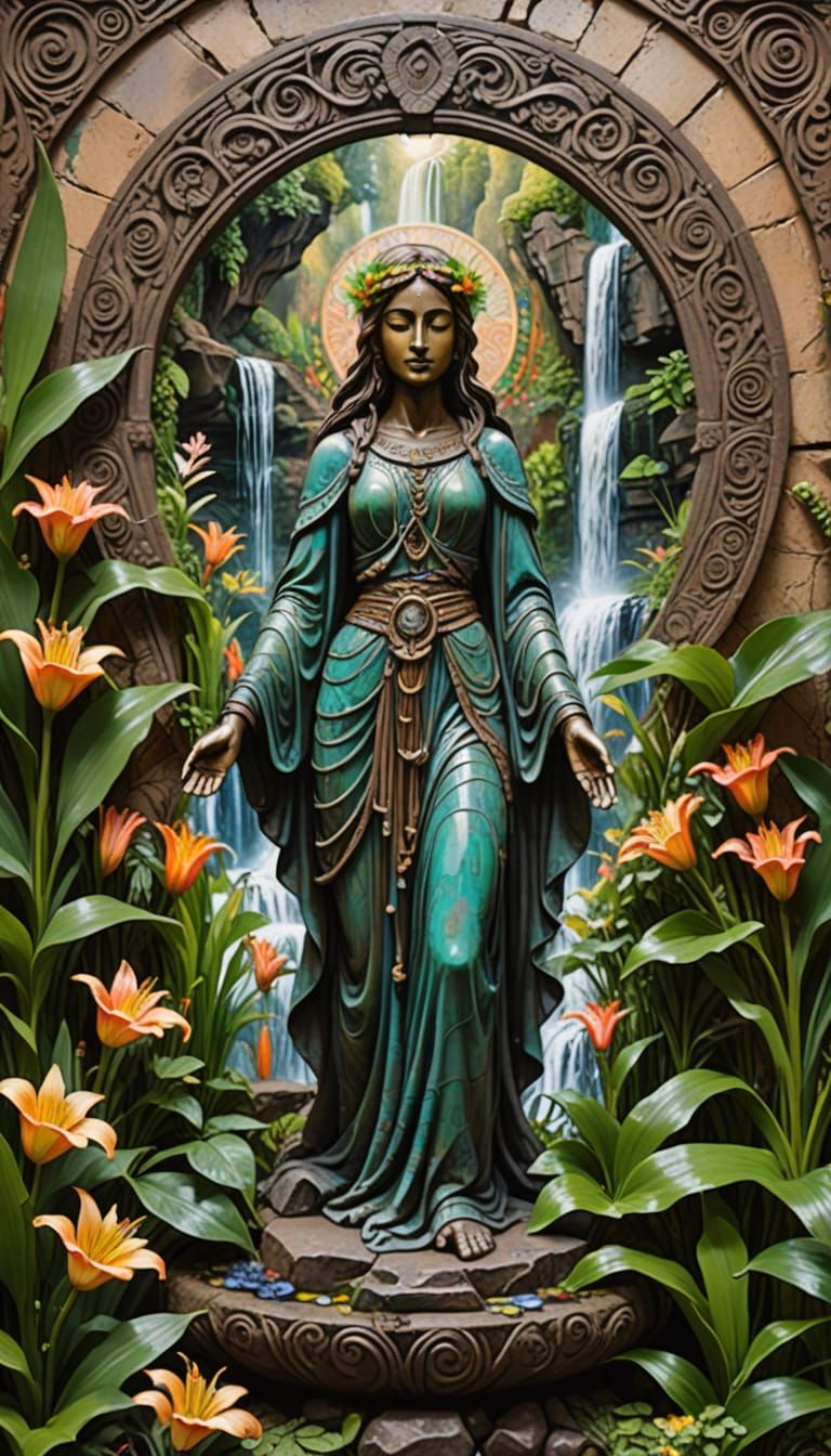 Medieval Woman in Psychedelic Landscape with Tribal Carvings