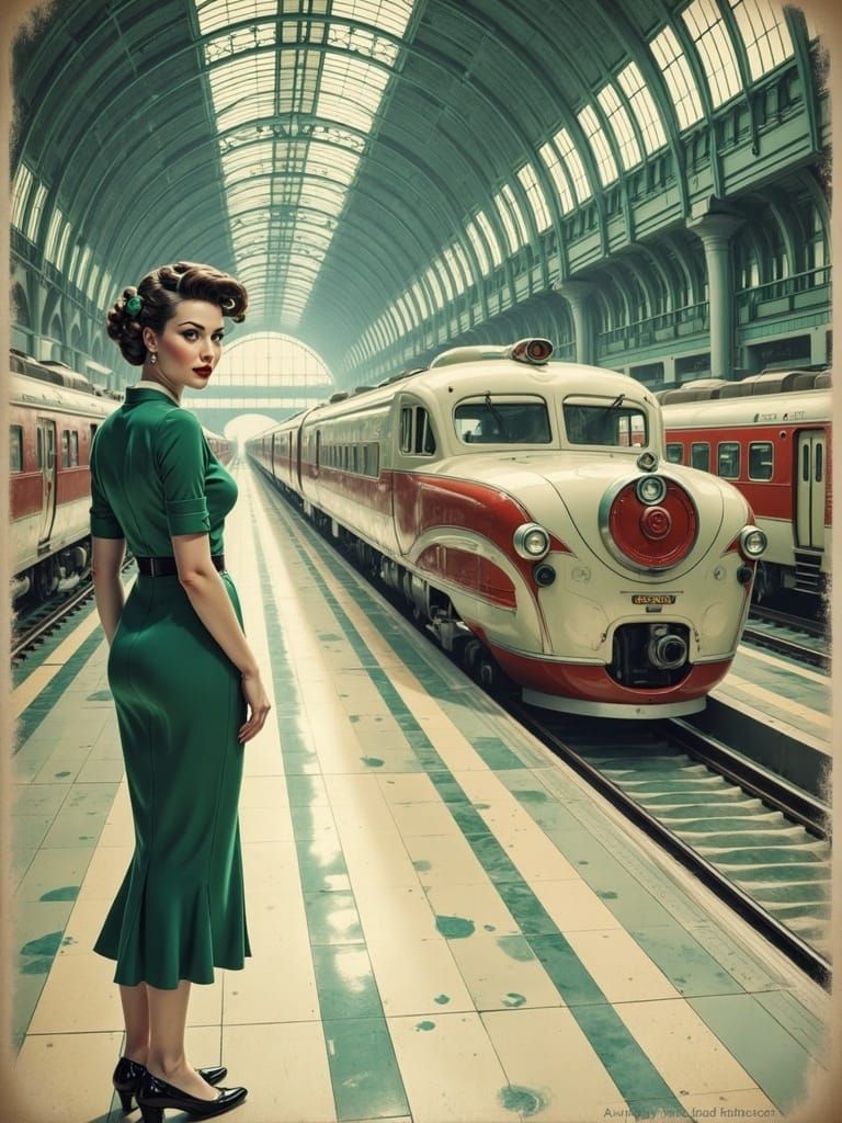 Elegant Woman in Art Deco Train Station