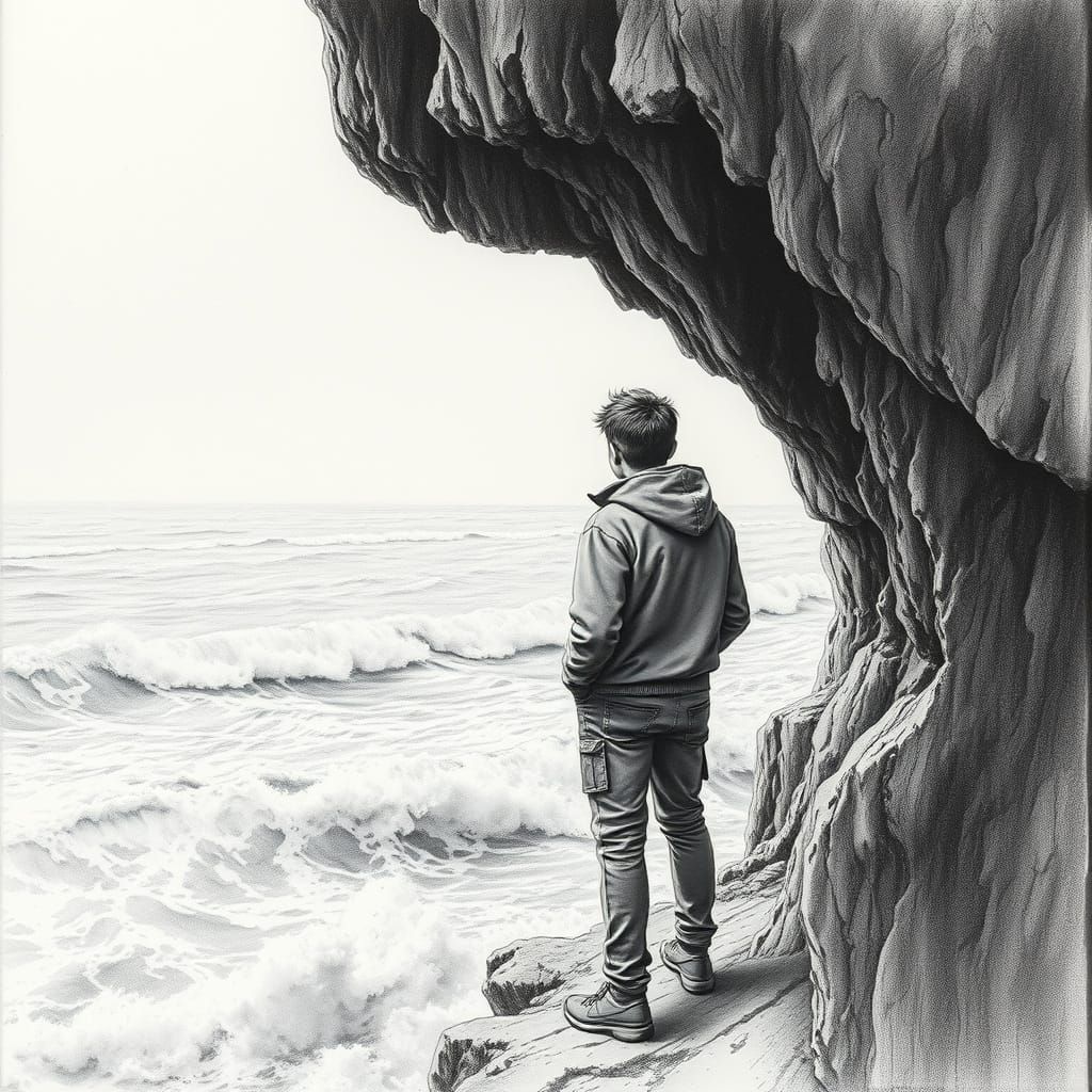 Boy Contemplating Turbulent Sea in Charcoal Drawing