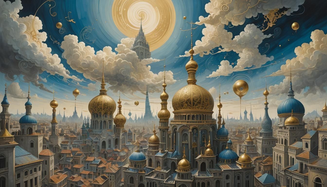 Fanciful Cityscape Silhouette with Gold Filigree Domes