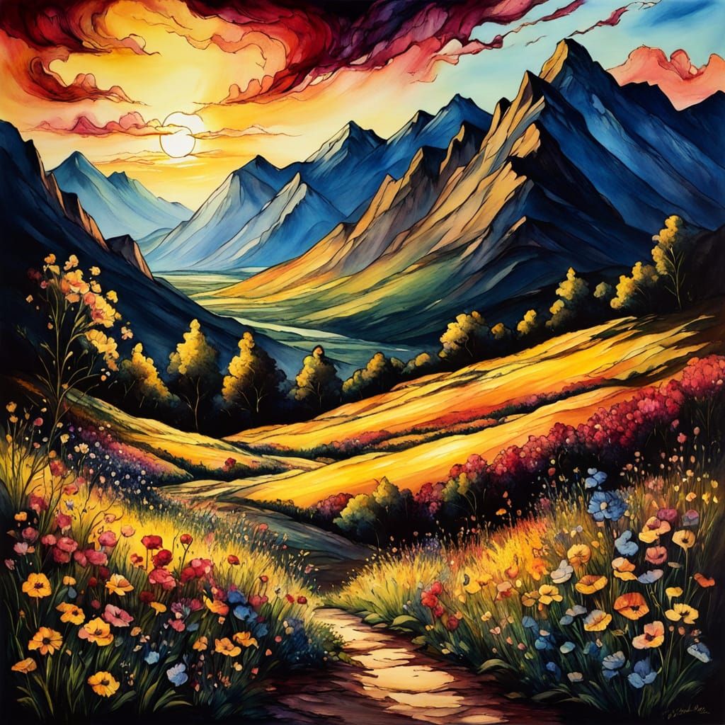 Radiant Mountain Wildflowers in Chiaroscuro Style