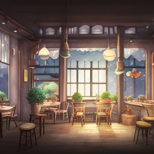 light watercolor, interior of a cozy cafe, bright, white bac...