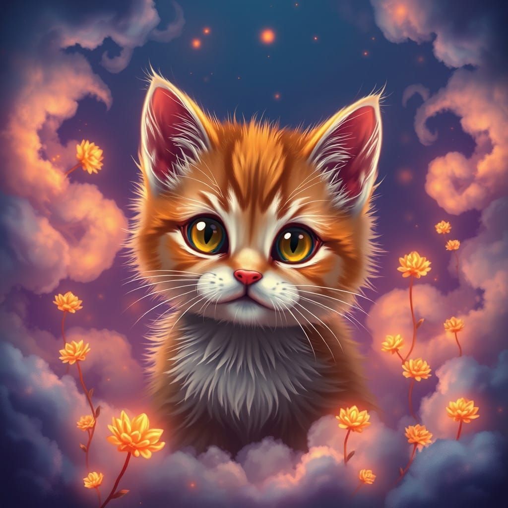 Dreamy Whimsical Kitty in Lush Cloudscape