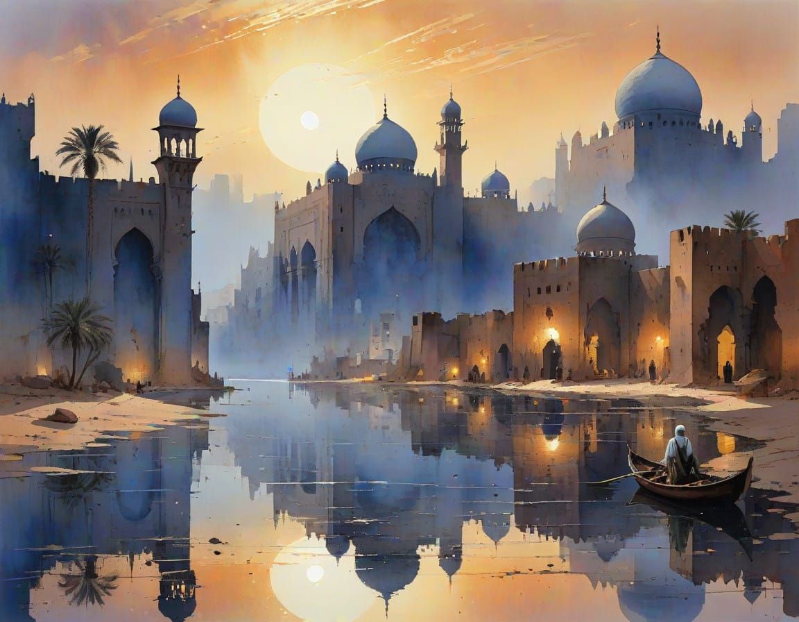 Arabian Ruins Reflected at Sunset, Detailed Impression