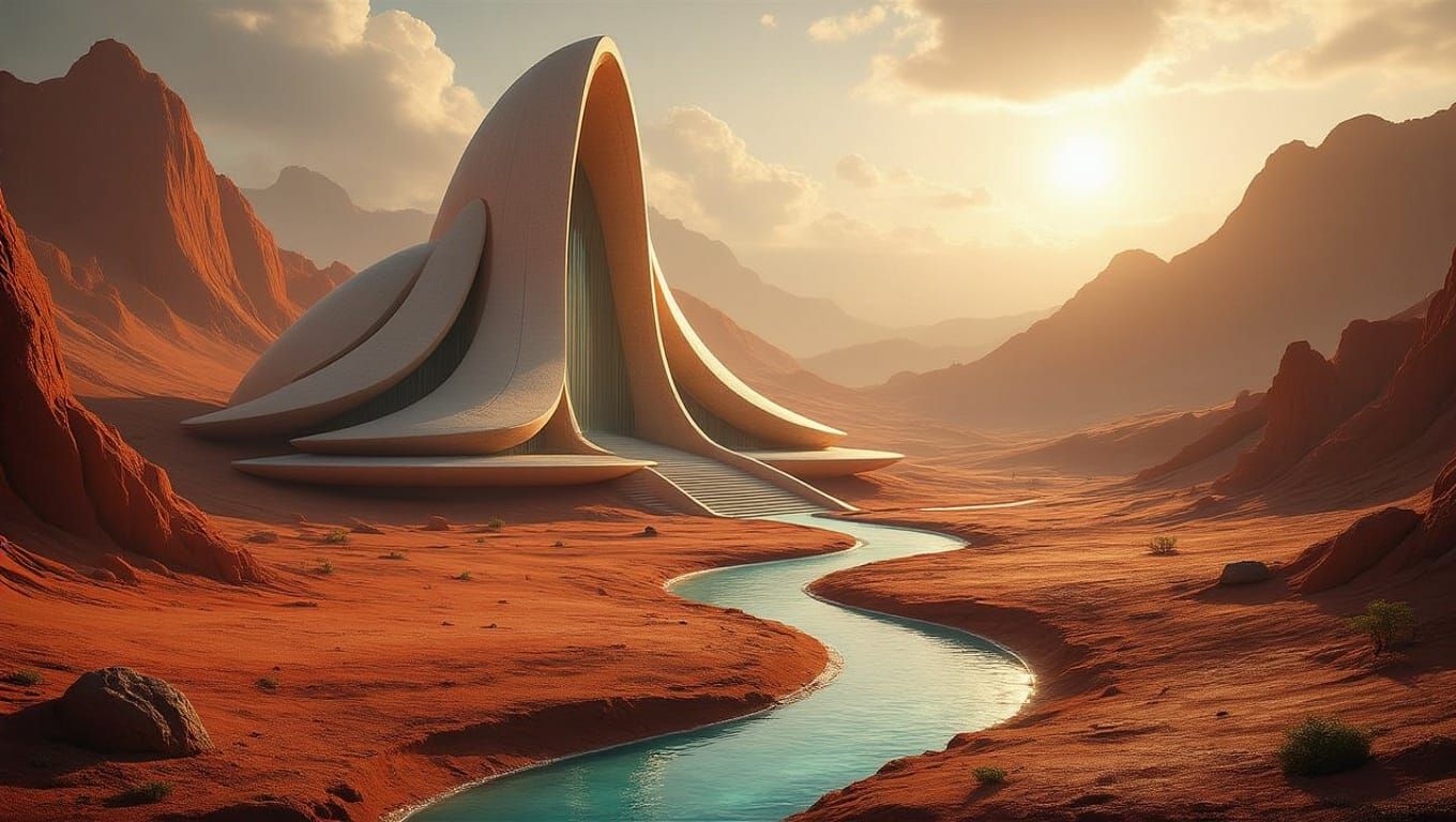 Futuristic Terra-Formed Temple on Rust-Red Venusian Landscap...