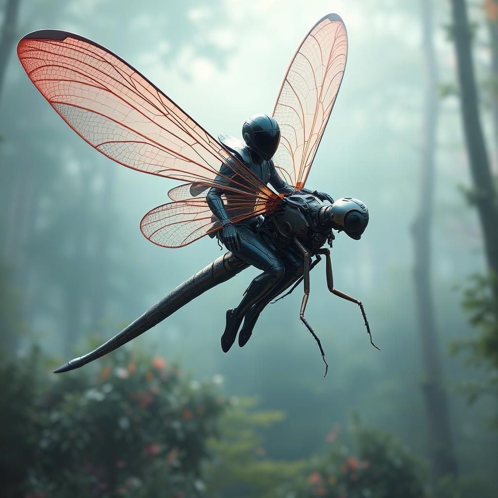 Person Riding Dragonfly in Biomechanical Style