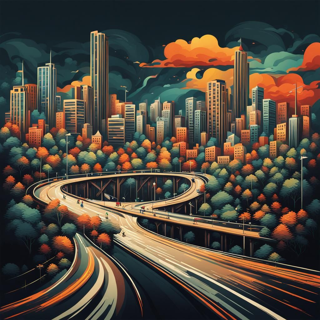 Stylized Road Art of City Panorama