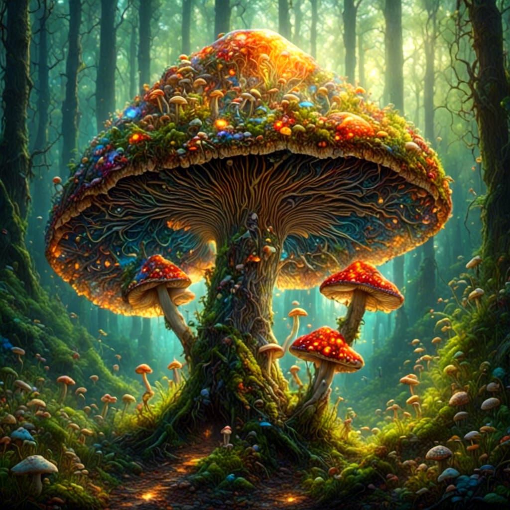 Surreal Forest Mushroom with Glass Orbs