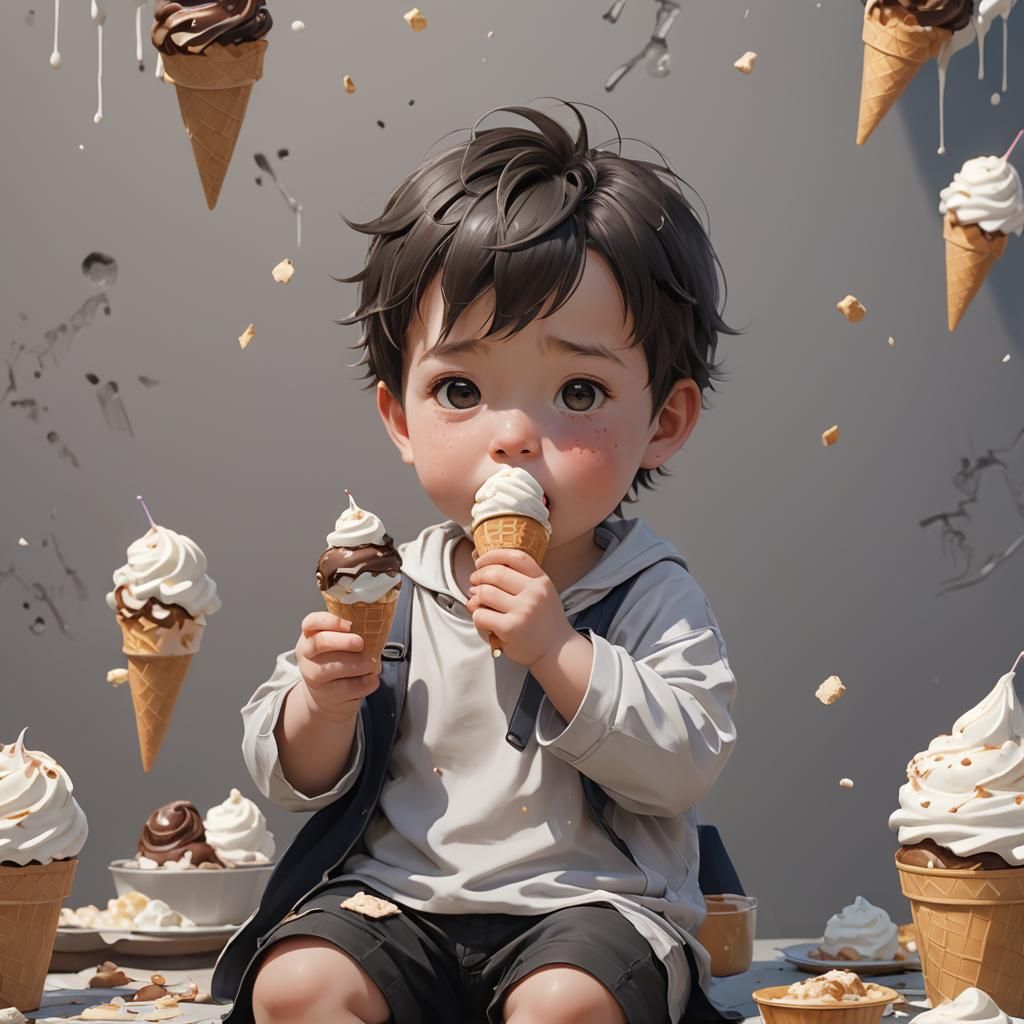 Sad Baby Boy Eating Ice Cream: 3D Anime Art